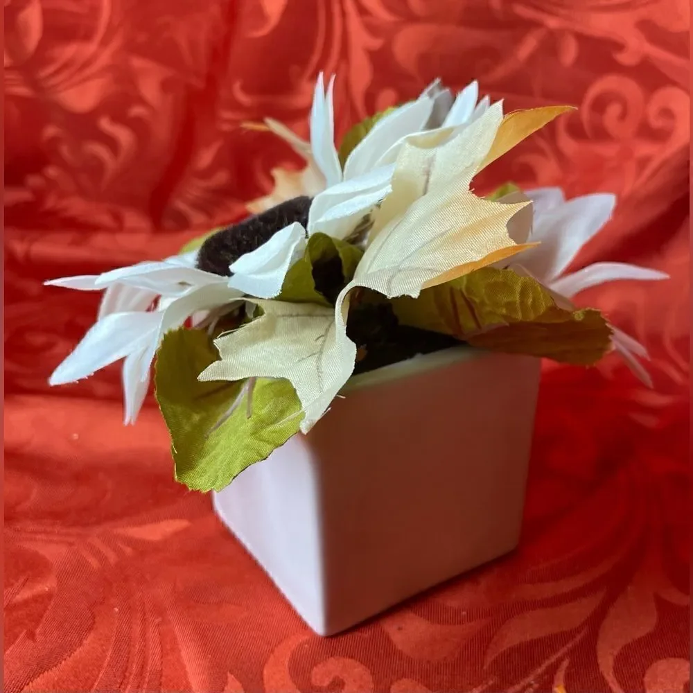 3” NEW! White Sunflower Floral Arrangement Mini White Square Floral Cont…